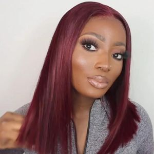 13X4 99j Malaysian Straight Lace Front Wig 150% Density Short Bob Lace Closure Human Hair Wigs Burgendy