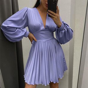 Casual Kleider Lucyever Sexy V-ausschnitt Satin Plissee Kleid Frauen 2022 Herbst Mode Laterne Hülse Mini Frau Elegante Solide Party dressCasual