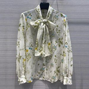 Blusas femininas camisas de seda pura moda floral blusa de impressão feminina de alta qualidade flores cobertas padrão colar de arco de manga longa solta sh sh