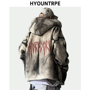 Fashion Tie-Dyed Fleece Jackets and Coats Mens Hairy Zipper Oversize Hoodies Ytterkläder Casual Warm Thicken Streetwear Parkas 201127