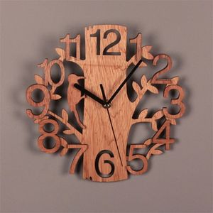 Q9QF Wooden Tree Shape Wall Clock Hanging DIY Round Watches Battery Operated for Office Living Room Home Decoration Supplies 220426