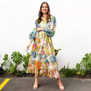 Casual Dresses ALEMAIS 2022 Early Spring Single-breasted Shirt Collar Loose Waist Tie Linen Printed Dress