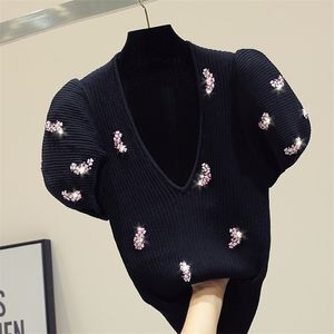 Sequins beading floral v neck knitted sweater women 2020 summer and autumn Korean slim Pullover thin Puff sleeve black crop tops LJ201113