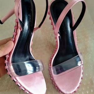 Luxo Diamante Decoração Senhoras Salto Alto Rosa Sandálias Femininas Verão Slingbacks Sapatos Dedo Aberto Noiva Casamento Bombas 220328