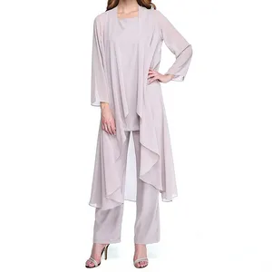 Kvinnors tvåbitar byxor Mor till bruden Evening Party Women 3-Pieces Set Pant Top Outerwear Elegant Chiffon för formella bröllop Abendklei