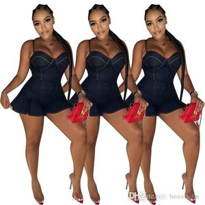 Womens Ruffle Leg Suspender Denim Jumpsuits Rompers Sleeveless Jeans Sexy Bodysuit Women Denim Overalls