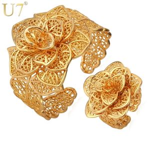 U7 Vintage Big Bracelets Cuff Bangles And Ring Gold Color Exquisite Pattern Flower Jewelry Set For Women Wedding Gift S561 201222