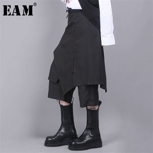 EAM High Elastic Waist Black Split Joint Harem Trousers New Loose Fit Pant Fashion Spring Autumn 1R855 201012