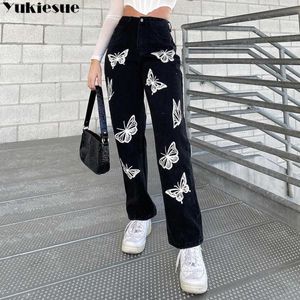 printed Denim Trousers Vintage Wide Leg Pants Women Korean Straight Long High Waist Casual Loose With Belt Autumn 210608