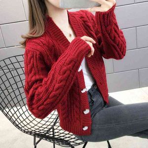 Novo suéter de malha vermelha líquido Cardigan Casaco feminino Autumn e Winter College Style Style Western V-deco