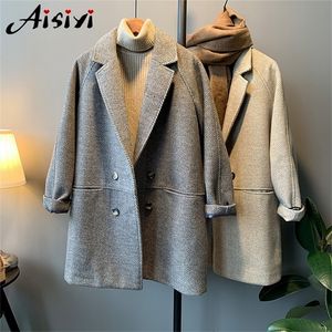 Women Winter Elegant Woolen Coat Warm Long Coat Sleeve Wool Blends Turn-down Collar Outwear Winter Jacket Overcoat 201215