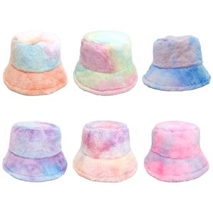 Tie Dye Colorful Plush Bucket Hats For Women Winter Hat Fashion Harajuku Warm Autumn Outdoor Panama Lady Fisherman Cap 220812