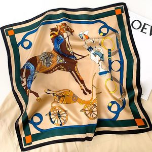 Scarves 2022 100% Real Silk Square Scarf Women Designer Horse Print Neckerchief Female Luxury Shawl Hijab Bandana Headband