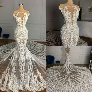 Gorgeous Lace Applique Wedding Dresses Illusion Bridal Gown Chapel Train Custom Made Jewel Neck Sleeveless African Plus Size Dubai Vestido De Novia 403