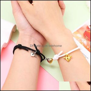 Charm Bracelets Jewelry 2Pcs Heart Magnet Attract Couple Bracelet Lock Key Pendant Love Adjustable Braided Rope Bangle For Women And Men Dro