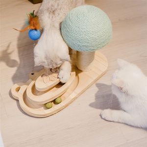 Wooden Cat Scratching Post Sisal Scratcher Toy with 2/3 Layer Tracks Spinning Cat ToysTurntable with Interactive Balls 220423