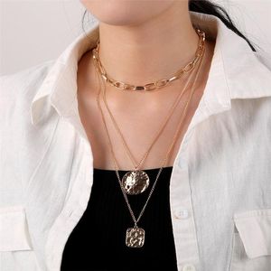 Pendant Necklaces Punk Multilayer Choker Necklace Gold Color Thick Chain Colar Fashion Coin Square Pendants Women JewelryPendant Godl22