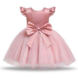 Småbarn Baby Girls 1st Birthday Dresses V-Back Bow Elegant Princess Party Wedding Dress for Kids Ruffles Children Tutu klänningar G220428