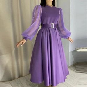 Party Dresses BridalAffair Purple A Line Prom Puff Long Sleeves Small V Neck Ankle Length Dress Modest Women Gown With SashParty