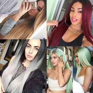 Popular Wig feminino tingimento de vinho preto gradiente vermelho comprimento médio de cabelo reto conjunto de fibras químicas 220816