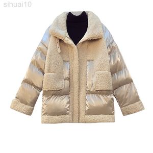 Lamb Wool Jacket Glossy Winter Women 2022 Stand Collar Patchwork Long Sleeve Loose Warm Lady Coat Trendy Outwear L220730