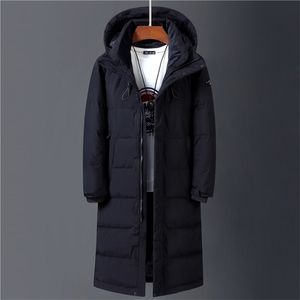 冬90％ホワイトダックダウンジャケットメンフードファッション高品質の長い厚いウォームダウンコートルーズブラックオーバーコートパーカス201116