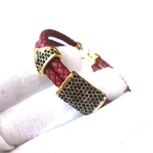Wholesale BC Brown Black Blue Red Macrame Leather Black Gun Pave CZ Charm Stainless Steel Clasp Bracelets Bangles For Men335R