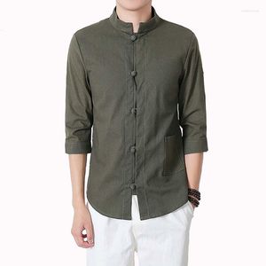 Camisas casuais masculinas camisa de linho de algodão colar de mandarim respirável estilo tradicional de manga longa de manga longa e eldd22