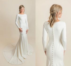 Simple Elegant Crepe Mermaid Wedding Dresses Modest With Long Sleeves Jewel Round Neck Button Back LDS Informal Modest Bridal Gowns