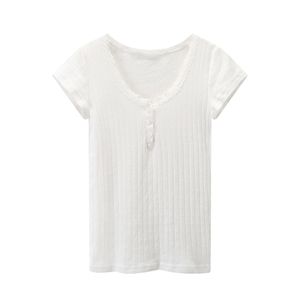Puwd y2k menina bonito algodão oco out lace t-shirt moda senhoras slim manga curta botão topo verão o pescoço t-shirt 220328