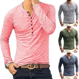 Henley T-shirts män solid långärmad modedesign Slim-knapp avslappnad utkläder t-shirt för manlig