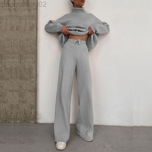 Autumn Fashion Sweater Long Sleeves Top Wide Pipes Pants Suit Elegant Fleece Outfits Women Casual Winter Two Piece Set L220805
