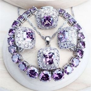 Roxo Zircônia Feminina Conjuntos de Jóias de Noiva Prata 925 Bijuterias Finas Brincos de Casamento Anéis Pulseiras Colar com Pingente 220808