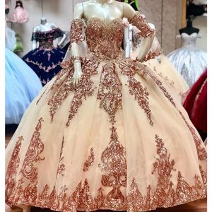 Sexy Rose Gold Sequined Quinceanera Ball Gown Dresses Sweetheart Sequins Lace Appliques Crystal Tulle Sweet 16 Corset Back Party Prom Evening Gowns