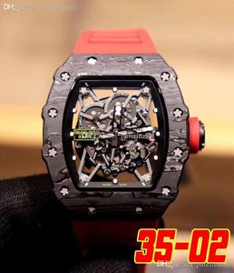 2022 NTPT Carbon Fiber Miyota Mens Aments Watch All Black Skeleton Dial Red Rubber Strap Super Edition PureTime01 3502A1