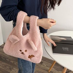 Bolsas de armazenamento Inverno Plush macio bolsa feminino Bordado de desenho animado ombro de cabelo de cordeiro para 2022 compras bolagues