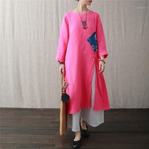 Casual klänningar Johnature Women Cotton Linen Patchwork 2022 Spring O-Neck långärmad Vintage Robes Rose Röd Loose