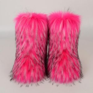 Boots Women Winter Snow Faux Raccoon Fur Ski Female Middle Calf Platform Outdoor Warm Coozzy Fluffy Furry