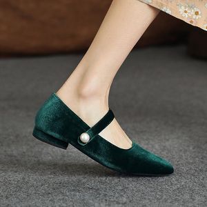 Sandals Mary Jane Shoes Woman Dress Prom Flats Simple Style Pearl Pig Leather Inside Handmade Espadrilles Ladies Footwear BlackSandals