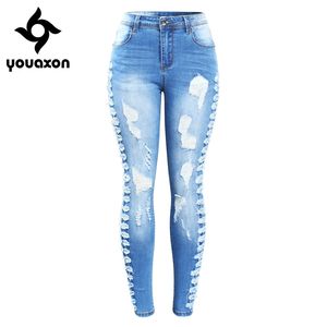 2145 Youaxon przybył na rozmiarze Rozciąganie dżinsów w rozmiarze Kobieta strona w trudnej sytuacji dżinsowej chude spodnie ołówkowe spodnie dla kobiet 210302
