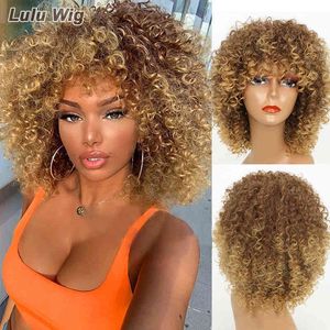 Hår syntetiska peruker cosplay kort syntetiska blondin lockiga peruker för kvinnor afro kinky peruk med lugg omber brun cosplay hår hög temperatur 220225