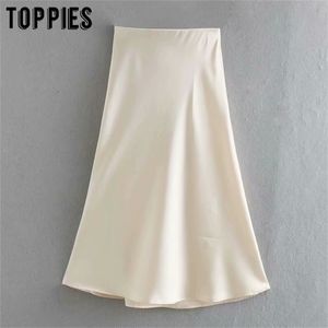 Białe satynowe spódnice midi w talii różowe aline spódnice Summer Womens Falas Streetwear 210306