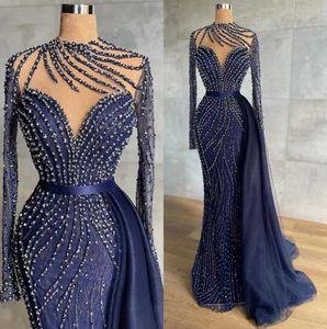 2022 Plus Size Arabic Aso Ebi Navy Blue Luxurious Prom Dresses Pärlade sjöjungfrun spets kväll formell fest andra mottagningsklänningar klänning