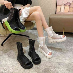 2022 Kadın Ayakkabıları Yaz Yeni Sandalet Açık Ayak Parmağı Moda Vahşi Örgü Duman Tüp Botlar Kalın Alt Platform Örgü Botları Gelgit Y220729