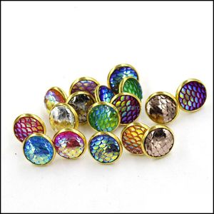 Stud Earrings Jewelry Fashion Drusy Druzy Gold Plated 12Mm Round Resin Mermaid Fish/Dragon Scale For Women Lady Drop Delivery 2021 Aneeu