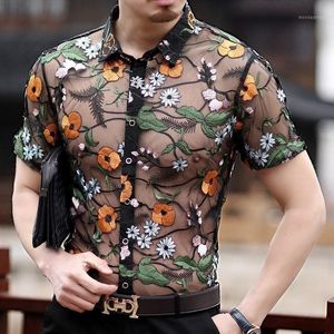 Koszulki męskie haft haftowy koronkowy klubowa koszula luksusowy przezroczysty mężczyźni z długim rękawem chemise hommesexy patrz przez siatkę s-4xl