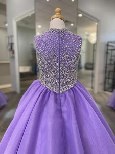 Hoher Kragen Mädchen Pageant Kleid 2022 Ballkleid Kristalle Perlen Organza kleines Kind Geburtstag formelles Partykleid Kleinkind Teenager Preteen F252T