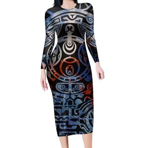 Dorywczo sukienki Polinezyjski tradycyjny Samoan Tatuaż Totem Design Femme Robe O-Neck Z Długim Rękawem Sexy Dla Kobiet 2022 Elegancka impreza klubowa