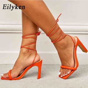 Nxy Sandalen Orange Designer Square High Heel Frauen Neuheit Sommer Hohl Party Weibliche Knöchel Kreuz gebunden Pumps Hochzeit Schuhe