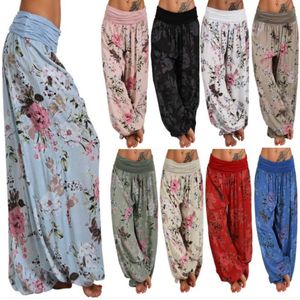 Dambyxor Capris Vintage Kvinnor Bohemian Floral Print Long Mid Midist Harem Elastiska Boho Beach Byxor Plus Size M-XXL